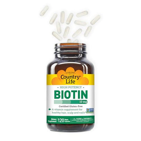 Biotina 10mg de Alta Potência – Vegano | 100% Natural | Fortalece Cabelos e Unhas | 60 Cápsulas - Country Life