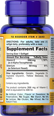 Puritan's Pride - Puritan’s Pride Vitamina E com Selênio 400 UI Natural 100 RR Softgels – Benefícios para a saúde e bem-estar