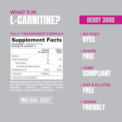 L-Carnitine 3000 Shots Líquidos Estimulantes Sem Cafeína para Homens e Mulheres – Bebida para Treino, Performance e Recuperação Muscular (31 Porções, Sabor de Frutas Vermelhas) - PROSUPPS
