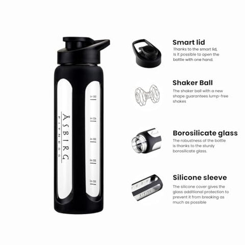 Asbirg - Shaker de Vidro para Fitness | Garrafa para Bebidas com Esfera de Mistura | Preto | 500ml
