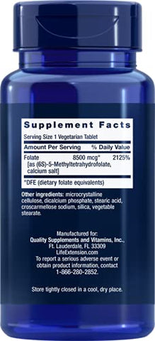 Fólico Otimizado de Alta Potência 8500 mcg DFE, 30 Comprimidos Vegetarianos (Pacote com 4) - Life Extension