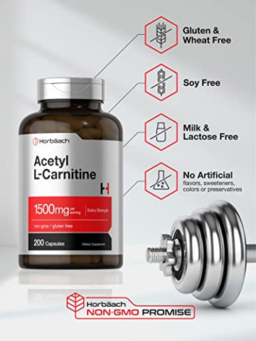 Suplemento Horbäach Acetyl L-Carnitina 1500mg | 200 Cápsulas | Alta Potência ALCAR | Sem OGM, Sem Glúten