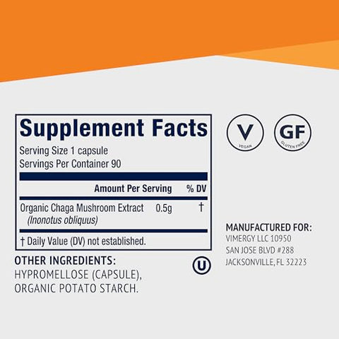 Chaga Cápsulas – Suporte Celular Superfood – Benefícios para a Saúde Cardiovascular – Kosher, Vegano, Sem Glúten – 90 Cápsulas - Vimergy