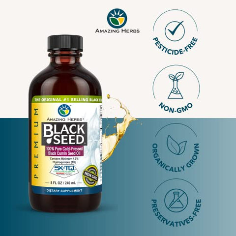 Óleo de Semente de Cominho Preto Premium Amazing Herbs – Extraído a Frio de Nigella Sativa Auxilia na Saúde Digestiva, Suporte Imunológico, Função Cerebral, Mobilidade Articular – Sem Glúten, Não Transgênico – 240 ml