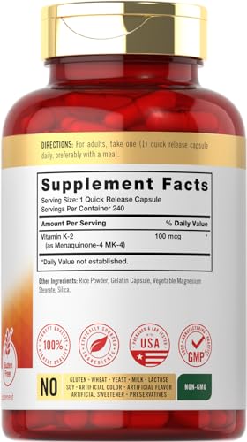Vitamina K2 100 mcg | K2 MK-4 | 240 Cápsulas | Não-OGM | Marca Carlyle - Carlyle