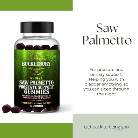 BUCKLEBURY - Gomas de Saw Palmetto 9 em 1 para Suporte à Próstata e ao Sistema Urinário – Sabor Natural de Framboesa e Romã – Suplemento Alimentar à Base de Plantas para Esvaziamento da Bexiga e Queda de Cabelo – 60 g