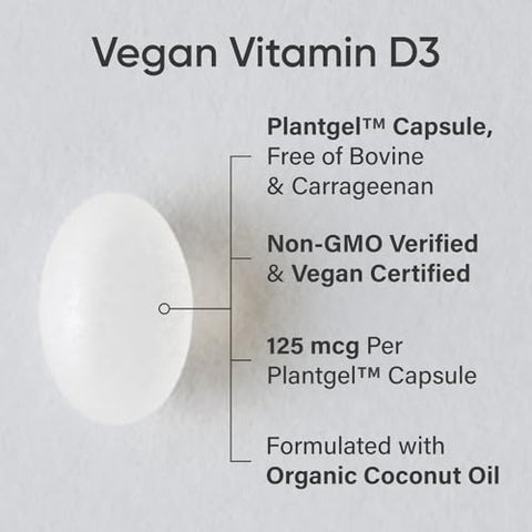Vitamina D3 Vegana Sports Research 5000UI (125 mcg) com Óleo de Coco | Vitamina D 100% Vegetal para Ossos e Articulações