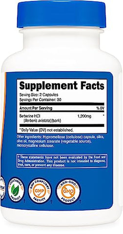 Berberine HCl 600mg – 60 Cápsulas Vegetarianas – Livre de Glúten - Nutricost