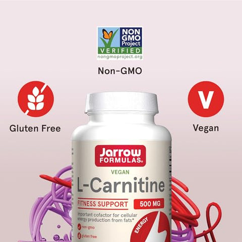 L-Carnitina 500 mg, Suplemento Alimentar, Suporte para Produção de Energia Celular, 100 Cápsulas Vegetais, Fornecimento de 100 Dias - Jarrow Formulas