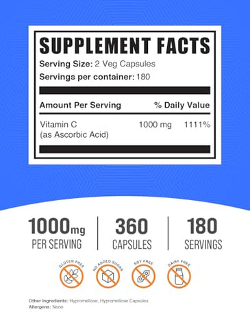 com Cápsulas de Ácido Ascórbico – Vitamina C 1000mg, Suplemento de Vitamina C – para Suporte Imunológico Livre de Glúten, 2 Cápsulas por Porção, 360 Cápsulas Vegetais - BulkSupplements