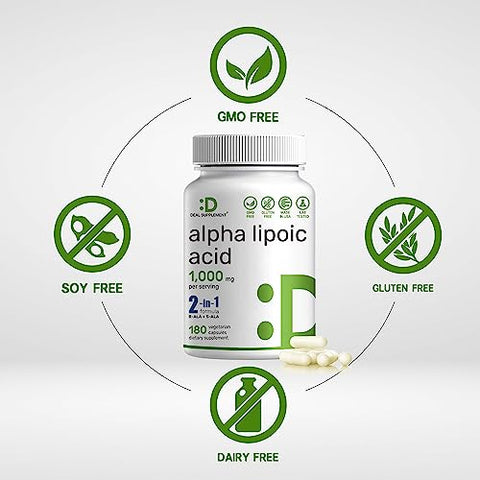 DEAL SUPPLEMENT - Alpha Lipoic Acid 1,000mg – 180 Cápsulas Vegetarianas – 50/50 R-ALA | Marca Alpha