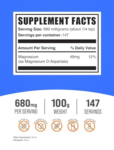 com Pó de Magnésio D-Aspartato – Suplemento de Magnésio de Alta Absorção – Livre de Glúten, 680mg (49mg de Magnésio) por Porção, 100g (Pack de 1) - BulkSupplements