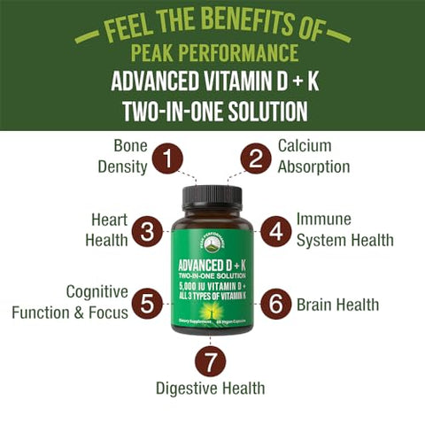 Advanced Vitamin D 5000 IU com os 3 Tipos de Vitamina K – D3, K2, K1, MK-7, MK4. 60 Cápsulas Vegetais Pequenas e Fáceis de Engolir - Peak Performance