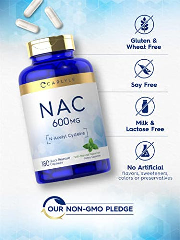 NAC N-Acetil Cisteína 600mg | 180 Cápsulas | com Hortelã-Pimenta | Suplemento em Forma Livre | Não-OGM, Sem Glúten | Carlyle - Carlyle