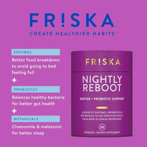 FR!SKA - FRISKA Nightly Reboot – Suplemento Enzimático e Probiótico para Melhor Digestão e Sono – Apoia a Saúde Intestinal para Homens e Mulheres – Melatonina, Camomila, 90 Cápsulas