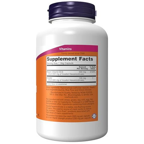 Suplementos, Niacina (Vitamina B-3) 500 mg, Livre de Flush, Dupla Potência, Saúde Nutricional, 180 Cápsulas Vegetais - NOW Foods