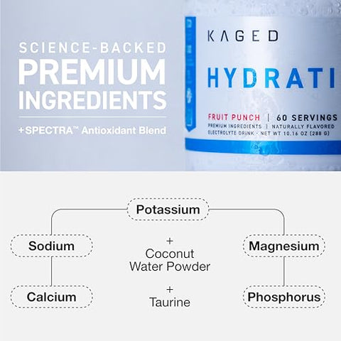 Electrolyte Hydration Powder | Hydracharge Fruit Punch | Bebida Esportiva para Homens e Mulheres | Pré, Pós, Suplemento Intra Treino | 60 Porções - Kaged
