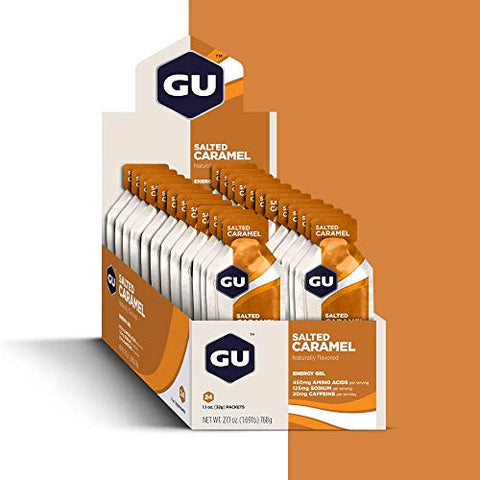 GU ENERGY GEL - GU Energy Gel Original – Energia Vegana, Sem Glúten, Kosher e Sem Laticínios para Qualquer Treino – 24 Unidades, Sabor Caramelo Salgado