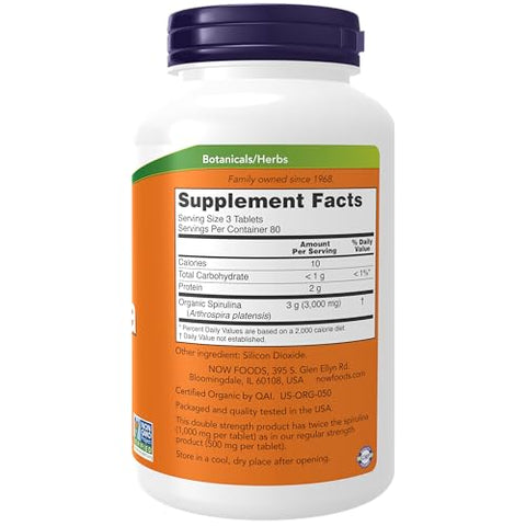 Spirulina Double Strength 1000 mg Orgânica – 240 Comprimidos | Energia Natural e Saúde | Superalimento Nutritivo | Marca NOW Foods - NOW Foods