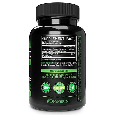 Véla - Vela Saw Palmetto Extra Forte Cápsulas de Alta Absorção – Sem Mau Cheiro – 1 Cápsula ao Dia – 600 mg – Marca Vela