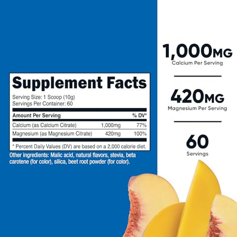 Pó de Cálcio e Magnésio (Pêssego Manga, 60 Porções) – Suporte Ósseo, Livre de Transgênicos, Sem Glúten (Citrate de Cálcio e Citrate de Magnésio) - Nutricost