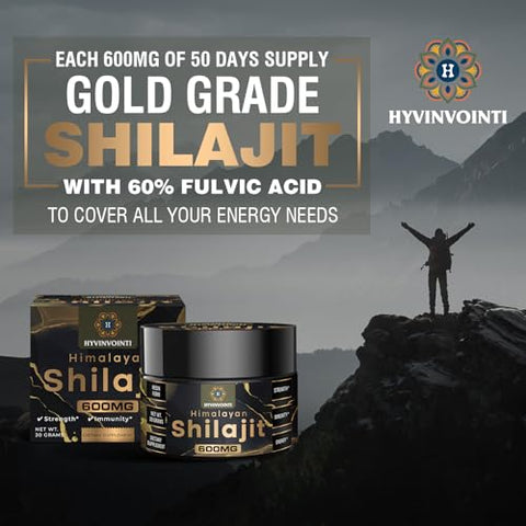 HYVINVOINTI - Shilajit Resina Orgânica Pura do Himalaia 600mg – Grau Ouro, Energia e Vitalidade