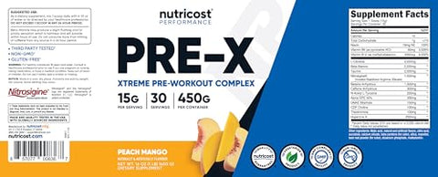 Pre-X Xtreme Pó Complexo Pré-Treino, Sabor Pêssego Manga, 30 Porções, Vegetariano, Não-OGM e Livre de Glúten - Nutricost