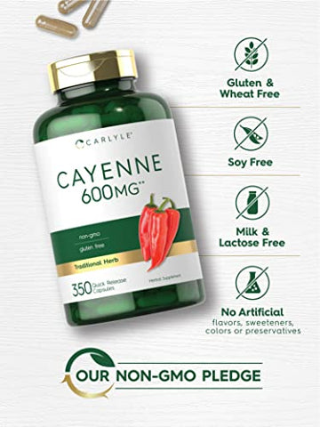 Cápsulas de Pimenta Caiena 600mg | 350 Comprimidos | Suplemento Livre de Transgênicos e Glúten - Carlyle