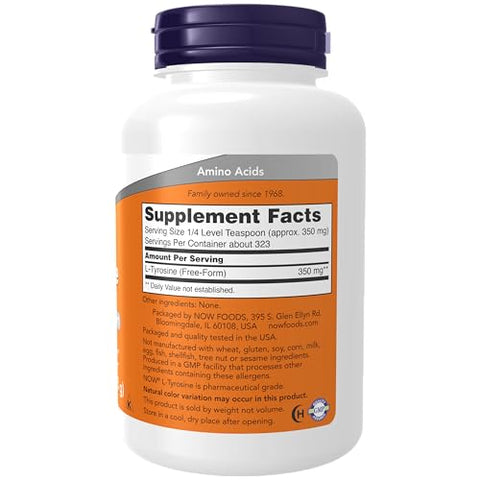 Suplementos, Pó de L-Tirosina, Suporte Neurotransmissor, Aminoácido, 113g - NOW Foods