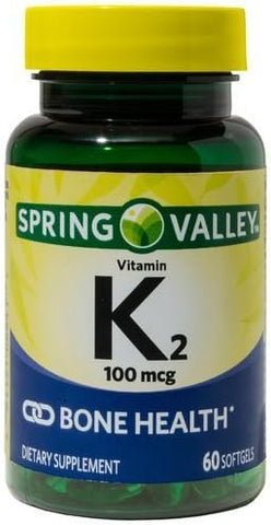 Vitamina K2 Spring Valley, 100 mcg, Saúde Óssea, 60 Softgels