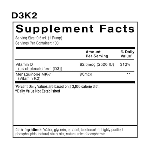D3K2 Nanoemulsion – Vitamina D3 K2 MK7 Líquida Emulsionada para Saúde do Coração, Ossos e Suporte Imunológico – Bioativa 2500UI para Melhorar - Quicksilver Scientific