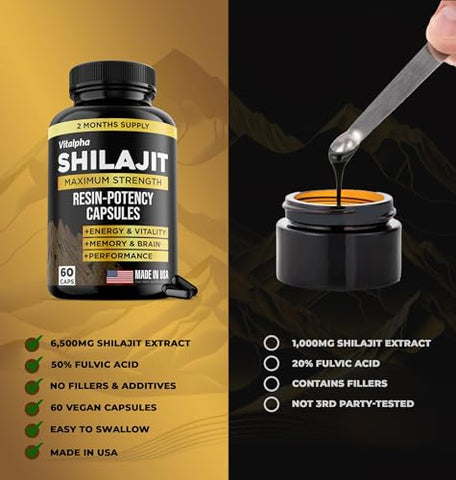 VITALPHA - Shilajit Resina Natural – Cápsulas Potentes (50% Ácido Fúlvico) – Shilajit Puro do Himalaia Orgânico Feito nos EUA – 85 Minerais Traços Shilajit para Homens – Suplemento Puro de Shilajit – 60