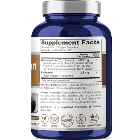 Glucomannan 20.000 mg por Porção 200 VCaps (20:1 Extrato, BioPerine Não-OGM, Vegano) Raiz de Konjac – Compre Agora! - NusaPure