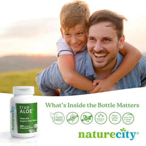 NatureCity - True-Aloe Gel de Aloe Vera Orgânico 80.000mg por Porção – 120 Cápsulas | Suporte Digestivo, da Pele e das Articulações | Cápsulas Pequenas e Fáceis de Engolir