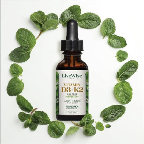 Live Wise Naturals - Vitamina D3 com K2 Líquida, Natural, Não GMO, 1208UI D3 e 25mcg K2 (MK7) por Porção, Fortaleça seus Ossos, Sistema Imunológico e Níveis de Energia, com ou sem Hortelã-Pimenta