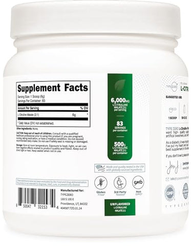 Clean L-Citrulline Malate 2:1 Pó para Bebida (500g, Sem Sabor) (83 Porções) – Amigável ao Keto, Sem Glúten, Não-OGM - Type Zero