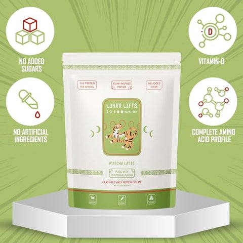Lunar Lifts Nutrition - Matcha Latte – Pó de Proteína de Chá Matcha com Bolhas | 26g de Proteína Isolada de Soro de Leite em Pó Matcha | Pó de Chá Matcha Grau Cerimonial para Bubble Tea | Sem Açúcar Adicionado