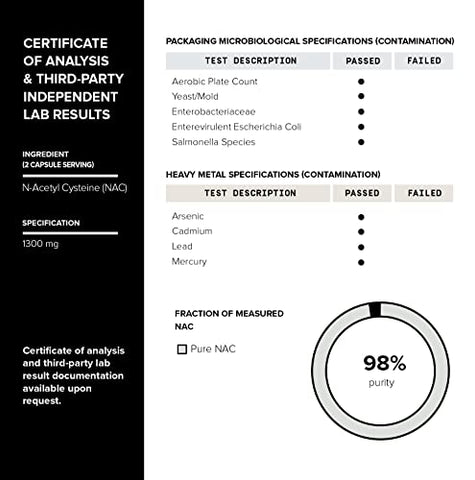 1300mg NAC – Suprimento de 2 Meses – Pureza Testada Mín. 98%% – Suplemento de Cisteína NAC de Alta Potência e Bioacessível – 120 Cápsulas Vegetarianas de N Acetil Cisteína – Testado em Laboratório TQ - Toniiq