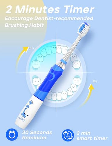 Escova de Dentes Elétrica SEAGO Kids com Temporizador de Escovação de 2 Minutos e 8 Cabeças de Escova Substituíveis, Luz LED Arco-Íris para Tornar a Escovação Divertida, Azul para Meninos, Escova de Dentes a Pilha para Crianças de 4 a 12 Anos