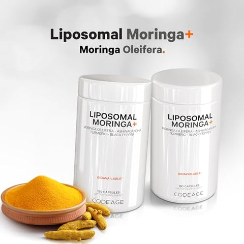 Liposomal Moringa – 400mg Extrato 50:1 de Moringa – 20.000mg Equivalente a Folha de Moringa Oleifera – Cúrcuma, Ashwagandha, Pimenta Preta – Fornecimento de 3 Meses – Vegano - Codeage
