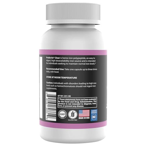 Clear – Suplemento de Ferro Heme, 90 Cápsulas – Absorção Superior, Suave no Estômago, Natural, Fabricado nos EUA - Proferrin