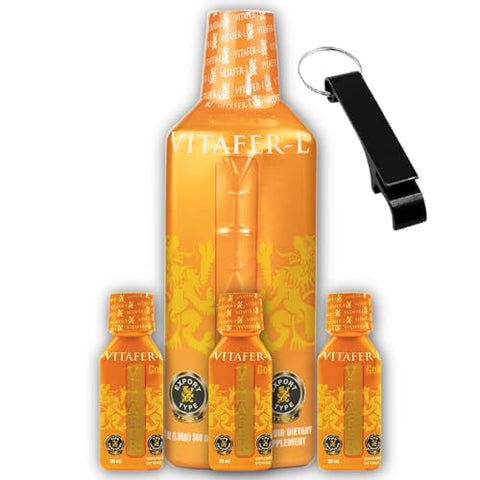 Suplementos AMC para Homens e Mulheres. 1 de (500 ml – 16.9 oz) com 3 Vitachito Gold (20ml – 0.67oz) Tamanho de Bolso com Brinde de Chaveiro Abre-Garrafa AMC - Vitafer-L Gold