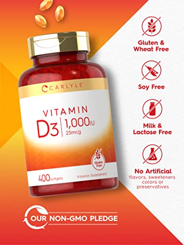 Vitamina D3 1000 UI | 400 Softgels | Fórmula Livre de Transgênicos e Glúten | 25 mcg | Comprimidos de Vitamina D3 - Carlyle