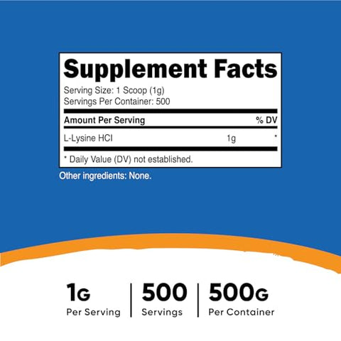 L-Lysine em Pó 500g – Puro L-Lysine, Não-OGM, Livre de Glúten - Nutricost