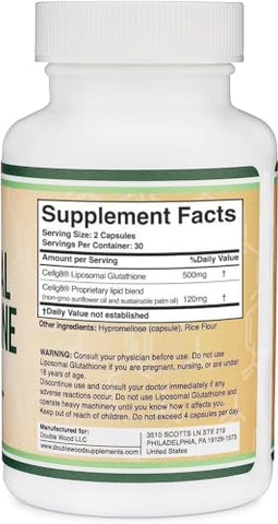Double Wood Supplements - Liposomal Glutationa 500mg por Porção, 60 Cápsulas (Vegano, Não-OGM) Máxima Absorção Liposomal Glutationa com Autêntico Cheiro e Sabor por Double Wood