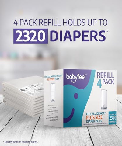 Babyfeel - Refis Compatíveis com DEKOR PLUS Lixeiras de Fraldas | 4 Pacotes | Espessura Extra Exclusiva 30%% | Refis para Lixeiras de Fraldas com Poderosa Eliminação de Odores | Fragrância de Pó Fresco | Capacidade de até