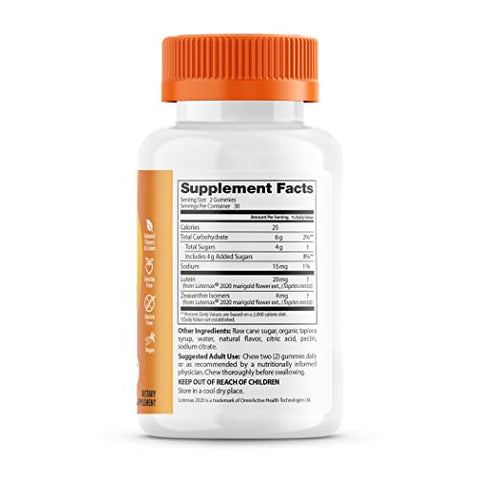 Doctor's BEST - Gomas de Luteína Doctor’s BEST com Lutemax 2020, 60 unid, Suplemento Natural Mastigável para Suporte Ocular, Luteína de Calêndula, Zeaxantina, Saúde Ocular