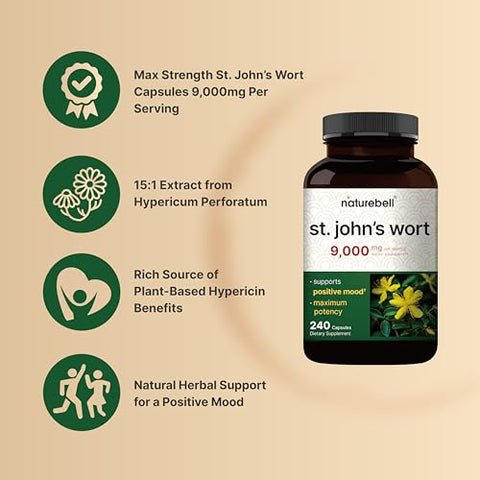 St Johns Wort 9.000mg por Porção, 240 Cápsulas | Extrato Herbal 15:1, Colheita Norte-Americana, Rico em Hypericin – Suporte Positivo ao Humor – St. John’s Wort - NatureBell