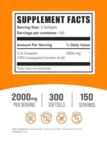 com Softgels de Ácido Linoleico Conjugado – Suplementos de CLA, 2000mg de CLA, Cápsulas de Cártamo CLA, Comprimidos de CLA – 2 Softgels de CLA por Porção, Suprimento de 150 Dias, 300 Softgels - BulkSupplements