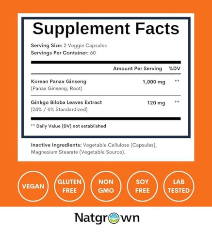Complexo de Cápsulas de Ginseng Panax e Ginkgo Biloba com Ginseng Vermelho Coreano – 60 cápsulas – 100% natural e potente - Natgrown